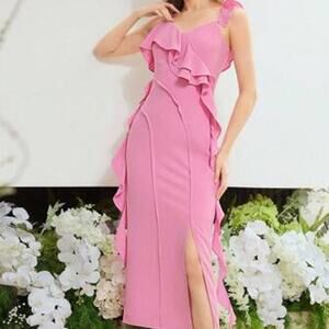 MOTF Ruffles Sleeveless Front Slit Seamed Midi Dress Petal Pink L Sexy coquette